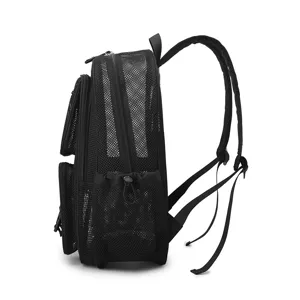 Black mesh backpack large capacity breathable beach school bag side view studio shot