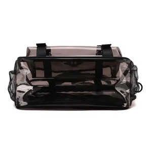 Clear transparent PVC beach bag with black straps and side mesh pockets for travel and outdoor.