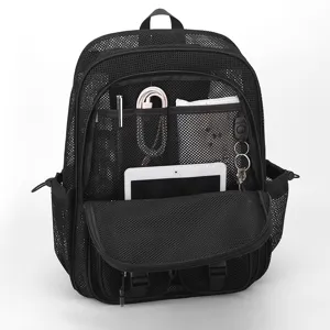 Black mesh backpack large capacity multi pocket breathable beach school book bag.