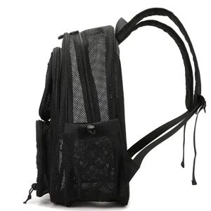 Sac à dos décontracté creux en mesh noir multi-poches pour étudiant voyage et plage