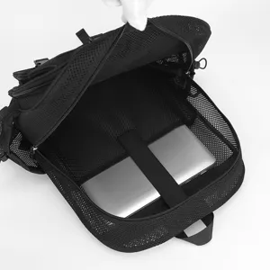 Black mesh backpack with laptop compartment and zipper closure for daily use and travel.