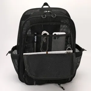 Sac à dos en filet noir avec plusieurs compartiments, sac léger pour l'école et les voyages.