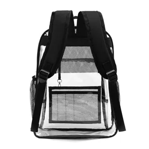 Transparenter PVC Rucksack mit schwarzen Trägern, robuste klare Schultasche für den Alltag.