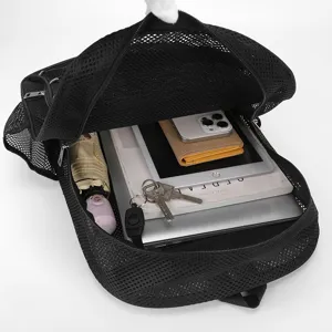 Black mesh backpack with large capacity, perfect for travel, beach and fitness daily use.