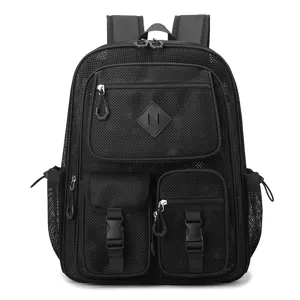 Black mesh backpack with multiple pockets, large capacity outdoor casual travel school bag.