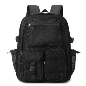 Zaino in rete nera con tasche multiple, grande capacita borsa per computer e da viaggio.