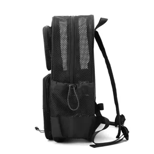 Zaino in rete nera con tasche multiple, design traspirante per spiaggia fitness viaggio.