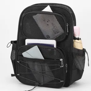Zaino in rete nera con tasche multiple, grande capienza per spiaggia e viaggi estivi.