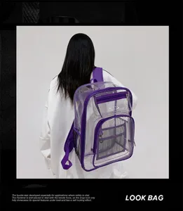Clear PVC backpack detail showing transparent material, purple trim, and front mesh pockets.