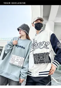 Couple 2D cartoon style crossbody box bag, trendy anime sketch design messenger bag.