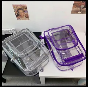 Clear PVC backpack with multiple compartments, transparent school bag detail view for daily use.