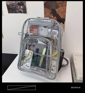 Clear PVC backpack detail view showing transparent compartments and school stationery items.