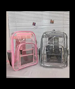 Transparent PVC backpack with multi pockets clear school bag casual daypack detail.