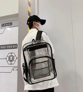 Clear PVC backpack detail showing transparent design, black straps, and large capacity style.