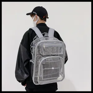 Transparent PVC backpack detail view showcasing multi-pocket design and clear storage space.