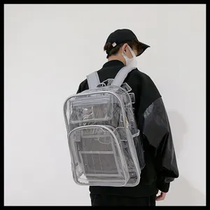 Transparent PVC backpack detail view showing front multi-pocket storage compartments and sturdy straps.