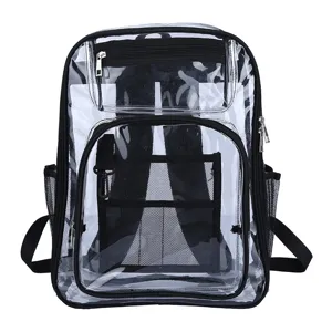 Clear PVC Backpack Transparent School Bookbag with Black Trim and Mesh Side Pockets