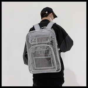 Clear PVC backpack detail showing multi-pocket design, transparent material and large capacity.