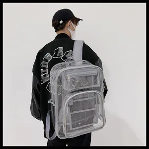 Transparent PVC backpack for daily use, large capacity clear school bag featuring multiple pockets.
