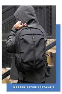 Men black minimalist backpack detail view, stylish casual travel outdoor business daypack.