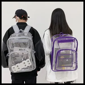 Detailed view of transparent PVC backpack showing clear material, spacious compartments and zippers.
