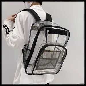Clear PVC backpack detail shot showing transparent material, black trim and front mesh pocket.