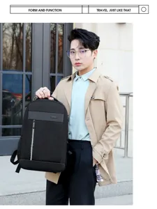 Men business laptop backpack detail view, featuring durable black fabric and modern style.