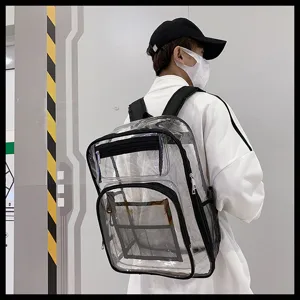 Clear PVC backpack with black trim and multiple zipper pockets, casual transparent school bag.