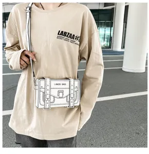 2D cartoon sketch crossbody bag for women, cute novelty white shoulder square bag.