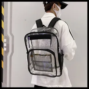 Clear PVC transparent backpack detail view with black trim and front mesh pocket storage.