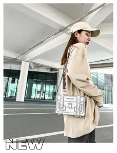2D cartoon style white crossbody bag for women, cute graphic sketch messenger box bag