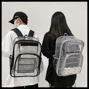 Detail view of transparent PVC backpack, large capacity school bag with multiple compartments.