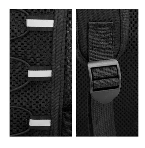Close-up detail of black breathable mesh backpack showing adjustable strap and reflective strips.