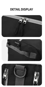 Bolso de viaje plegable negro vista detallada con cremalleras resistentes y asas fuertes.