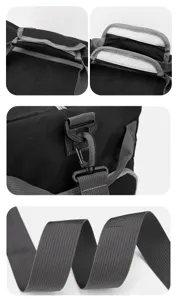 Detalles de bolsa de almacenamiento plegable negra con asas duraderas y hebillas fuertes.