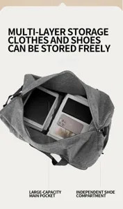 Detail view of large capacity foldable travel duffel bag showing interior storage structure.