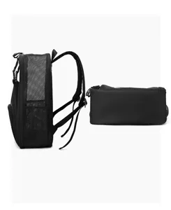 Black breathable mesh sports backpack detail view, lightweight daily outdoor sports storage bag.