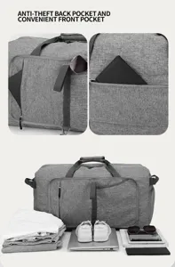 Foldable large capacity travel duffel bag, anti-theft pocket, outdoor fitness storage.