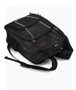 Black mesh sports backpack with reflective strips, outdoor basketball and racket gear bag.