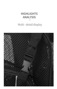 Close-up detail of black mesh backpack strap, durable plastic buckle, and breathable material.