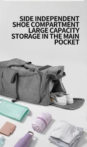 Large capacity folding travel duffel bag with independent shoe compartment for outdoor fitness.
