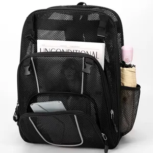 Black mesh backpack hollow out sports backpack with reflective strips for outdoor use
