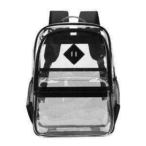 Transparenter PVC Rucksack mit schwarzem Besatz, stabilen Trägern und praktischer Fronttasche.