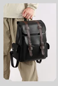 Zaino vintage in pelle PU per uomo donna casual viaggio scuola uso quotidiano nero cinghie marroni