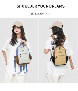 Vue détaillée du sac à dos en nylon contrasté élégant pour les voyages en plein air.