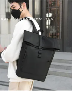 Herren schwarzer Roll-Top-Rucksack Business Freizeit Schule Tagesrucksack mit Schnalle.