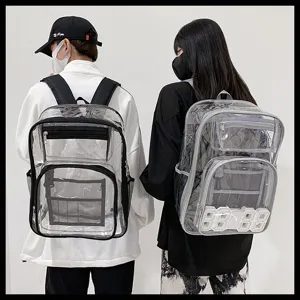 Transparent PVC backpack with clear large capacity, multi-pocket design for daily school use.
