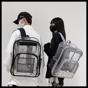 Clear PVC backpack detail shot showing large capacity transparent design with multiple pockets.