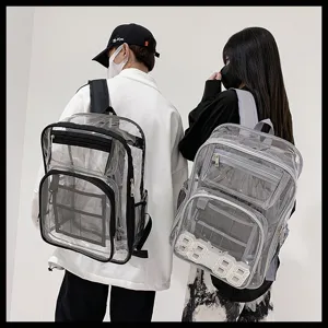 Transparent PVC backpack detail view showing multi-pocket compartments and clear material design.