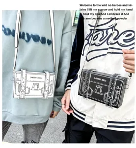 Trendy 2D cartoon box crossbody bag, unique 3D comic style PU leather shoulder bag for women.